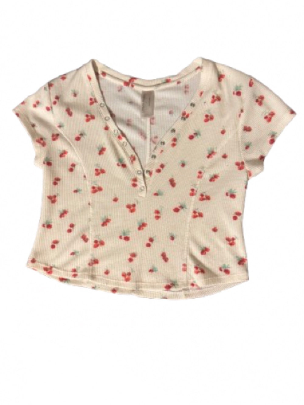 Cream Cherry Print Ribbed Crop Top-Size Large